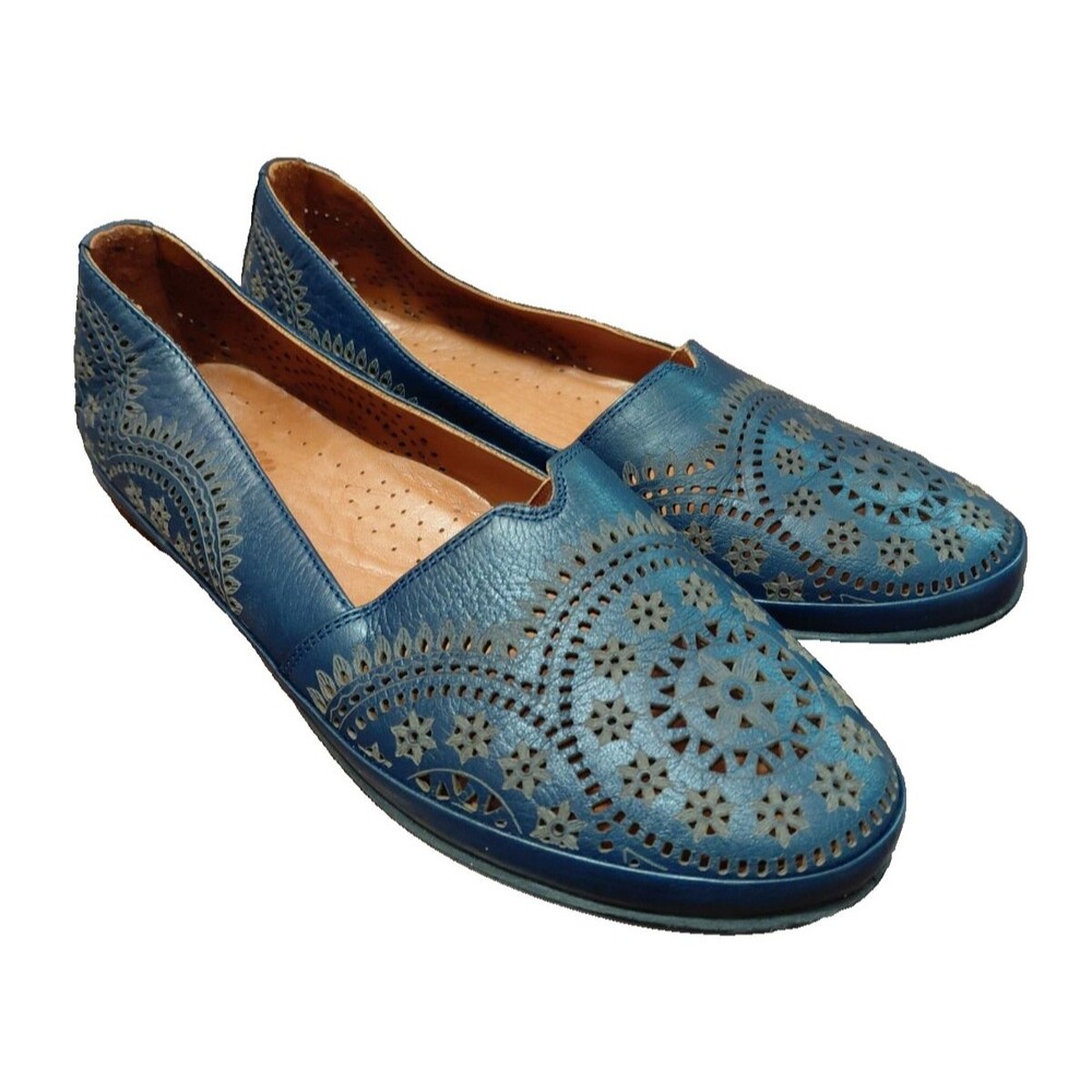 Spring Step Yamani Lazer Cut Flower Leather Loafer Blue Women’s Size 38/7.5
